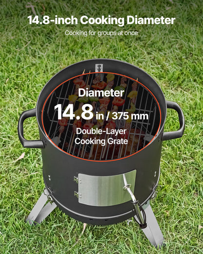 Charcoal Smoker, 406mm Vertical Charcoal BBQ Grill, Coated Steel Barbecue Smoker with 2 Grilling Grates, Thermometer, Air Vents & Removable Ash Tray, Ideal for Backyard Patio Parties Cooking