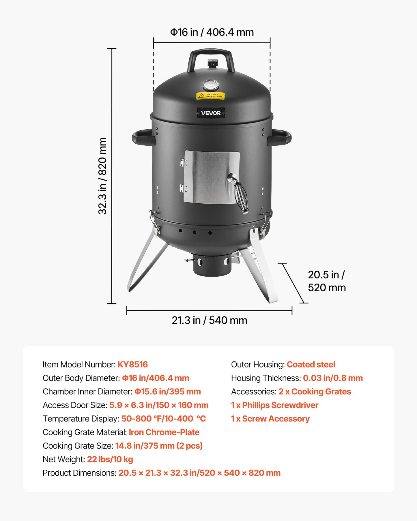 Charcoal Smoker, 406mm Vertical Charcoal BBQ Grill, Coated Steel Barbecue Smoker with 2 Grilling Grates, Thermometer, Air Vents & Removable Ash Tray, Ideal for Backyard Patio Parties Cooking