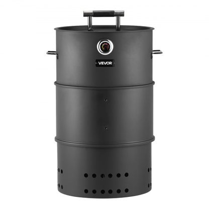 Charcoal Smoker Grill, 470mm Barrel Charcoal BBQ Smoker, Coated Steel Outdoor Barbecue Grill with 2 Grilling Grates, 1 Hanging Rod, 6 Hooks & Thermometer, Ideal for Party Backyard Patio Cooking