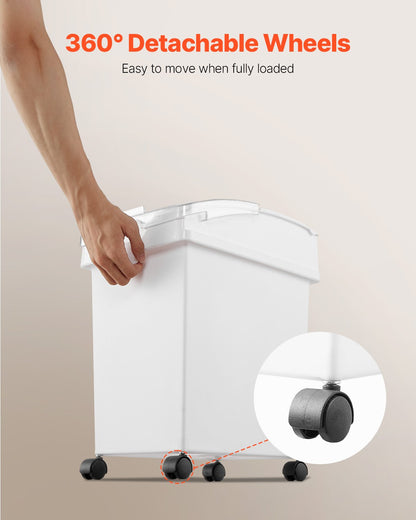 Ingrediensbehållare, ingrediensförvaringsbehållare med kapacitet 20,8 l, mjölbehållare i PP-material på hjul, vit hylla för ingrediensbehållare med skopa och skjutbart lock, kommersiella förvaringsbehållare, 3 st/set