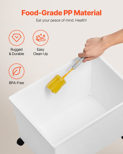 Ingrediensbehållare, ingrediensförvaringsbehållare med kapacitet 33,3 l, mjölbehållare i PP-material på hjul, vit hylla för ingrediensbehållare med skopa och skjutbart lock, kommersiella förvaringsbehållare, 3 st/set