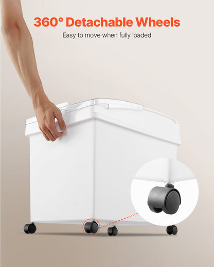 Ingrediensbehållare, ingrediensförvaringsbehållare med kapacitet 33,3 l, mjölbehållare i PP-material på hjul, vit hylla för ingrediensbehållare med skopa och skjutbart lock, kommersiella förvaringsbehållare, 3 st/set