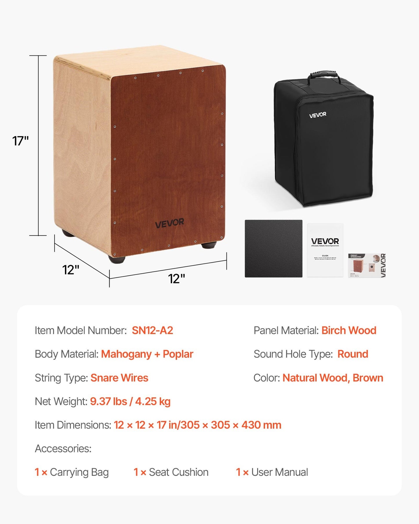 Cajon-trumma, med invändiga virveltrådar, lätt slagverkslåda i trä, bärbart truminstrument i björkträ med resväska, för nybörjare och proffs, 305 x 305 x 430 mm