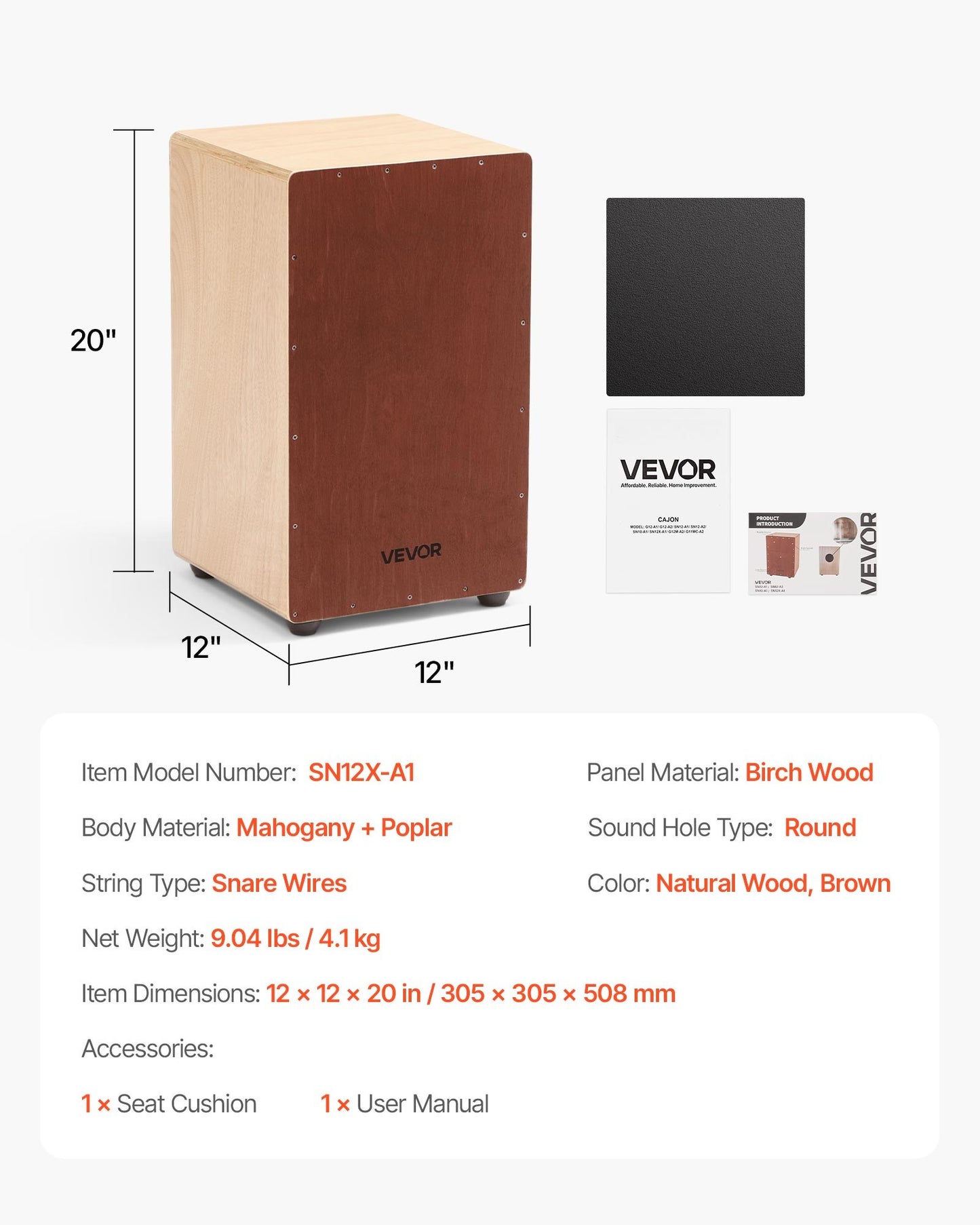 Stor Cajon-trumma, med invändiga virveltrådar, lätt slagverkslåda i trä, truminstrument i björkträ med silikonfötter, för nybörjare och proffs, 305 x 305 x 508 mm