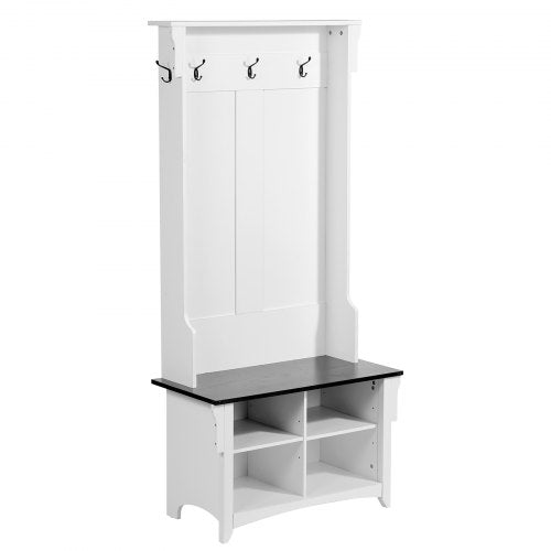 Hall Tree, Wooden Hall Tree with Bench and Shoe Storage, White Hall Tree with Coat Rack, Adjustable Shelves and 5 Hanging Hooks, Mudroom Furniture with 4 Storage Drawers, for Entryway & Hallway