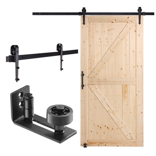 Ladugårdsdörr och beslagsats, 102 cm x 213 cm skjutdörr i trä, smidig och tyst, Ladugårdsdörrsats med 8-i-1 golvstyrning och dörrhandtag, skiva med granpanel, enkel att installera