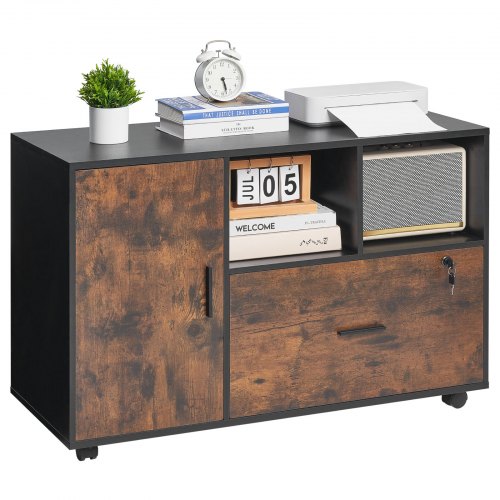 Wood File Cabinet, Mobile Filing Cabinet with Open Shelves, Lockable Lateral Rolling File Storage with Adjustable Shelves, Free Standing Printer Stand for Home, Office, School, Rustic Brown