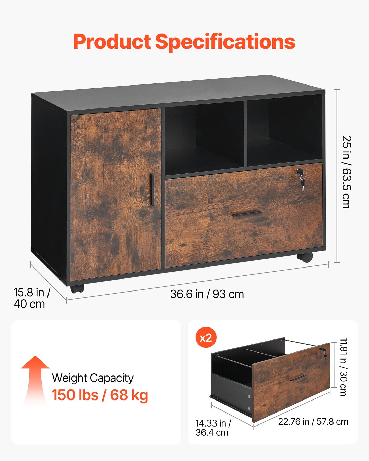 Wood File Cabinet, Mobile Filing Cabinet with Open Shelves, Lockable Lateral Rolling File Storage with Adjustable Shelves, Free Standing Printer Stand for Home, Office, School, Rustic Brown