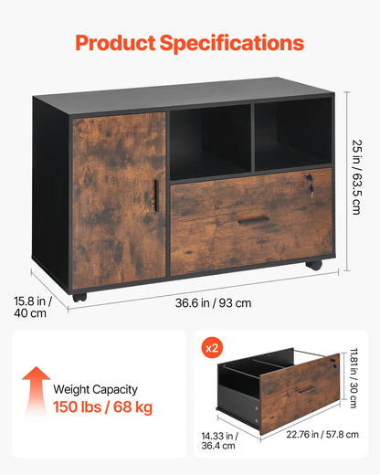 Wood File Cabinet, Mobile Filing Cabinet with Open Shelves, Lockable Lateral Rolling File Storage with Adjustable Shelves, Free Standing Printer Stand for Home, Office, School, Rustic Brown