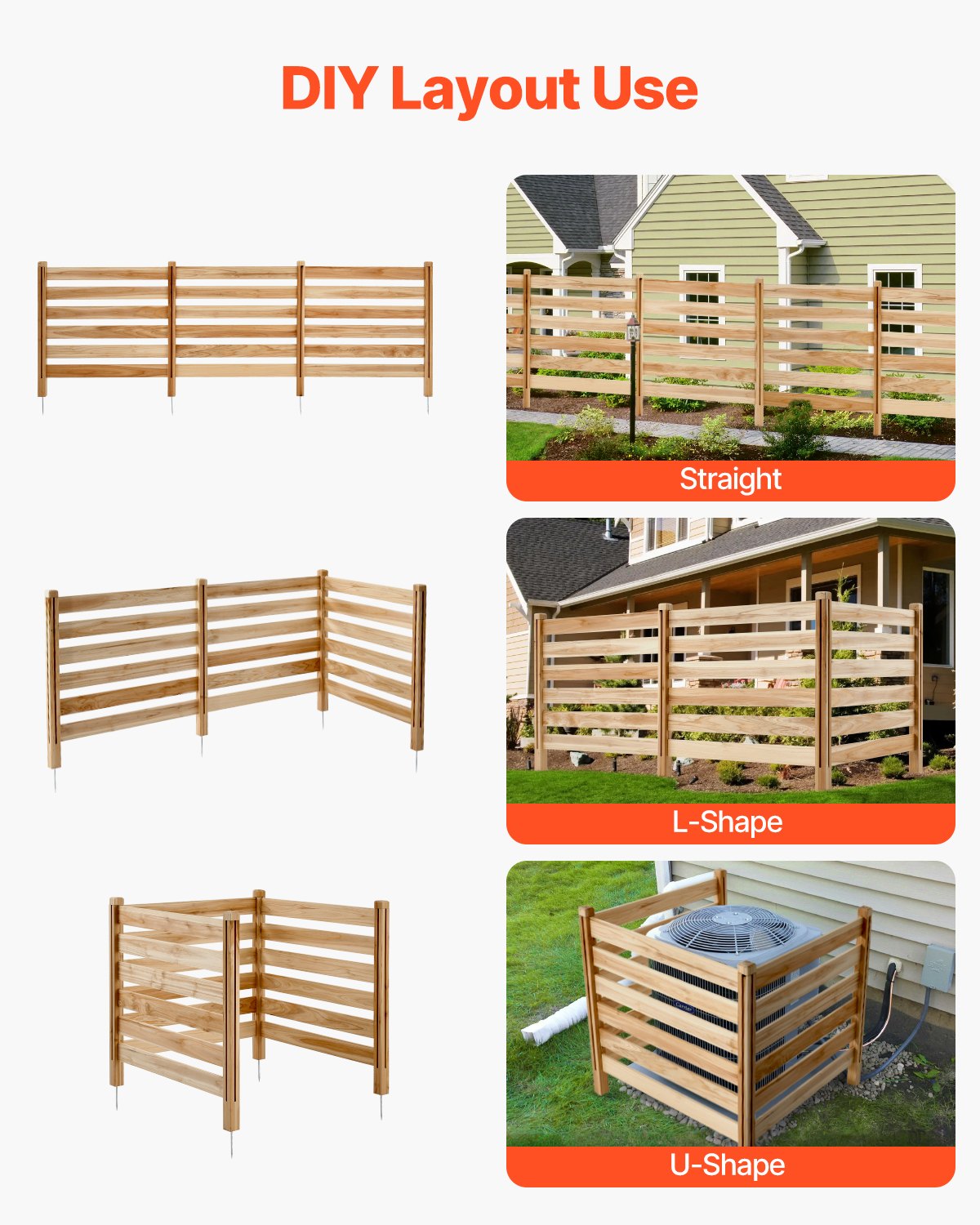 Trästaket, 91 cm B x 91 cm L, 3-panels lamellstaket för luftkonditionering, poolutrustningsinhägnad med metallpinnar, enkel gör-det-själv-installation, utomhus soptunne för trädgårdsdekoration