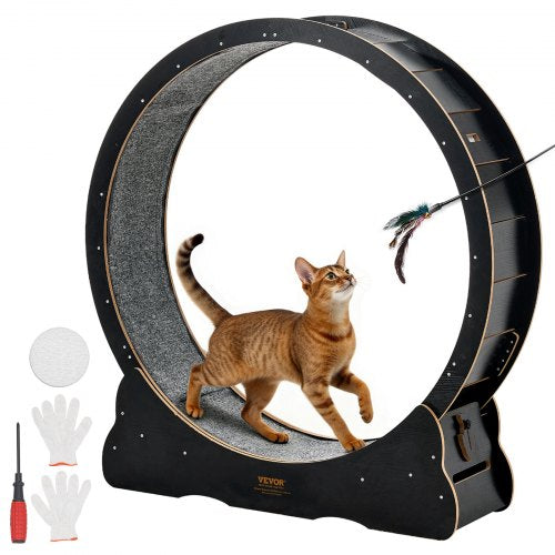 Cat Exercise Wheel, 120 cm Wooden Cat Running Wheel for Indoor Cats up to 12.7 kg, Cats Treadmill with Carpeted Runway & Locking Mechanism, Quiet Kitten Sport Toys for Pets Fitness, Black
