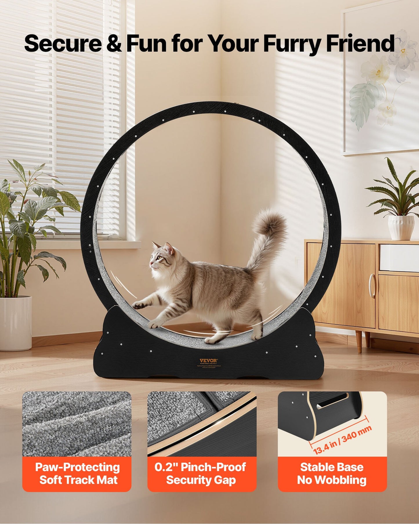 Cat Exercise Wheel, 120 cm Wooden Cat Running Wheel for Indoor Cats up to 12.7 kg, Cats Treadmill with Carpeted Runway & Locking Mechanism, Quiet Kitten Sport Toys for Pets Fitness, Black