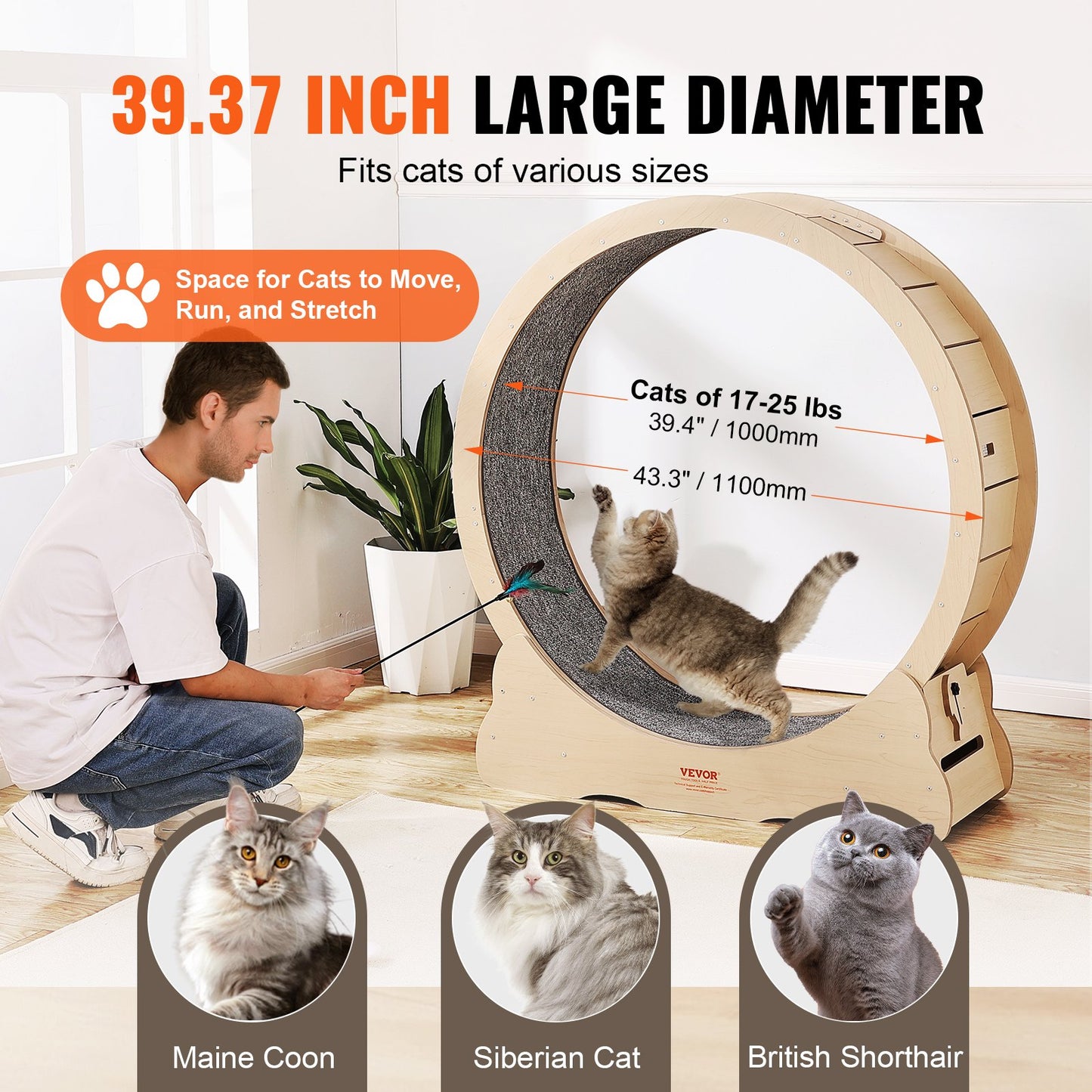 Träningshjul för katt, 102 cm stort löpband för katt för inomhuskatter, löphjul för katt med avtagbar matta och kattmatta för löpning/promenader/träning, lämplig för de flesta katter gul