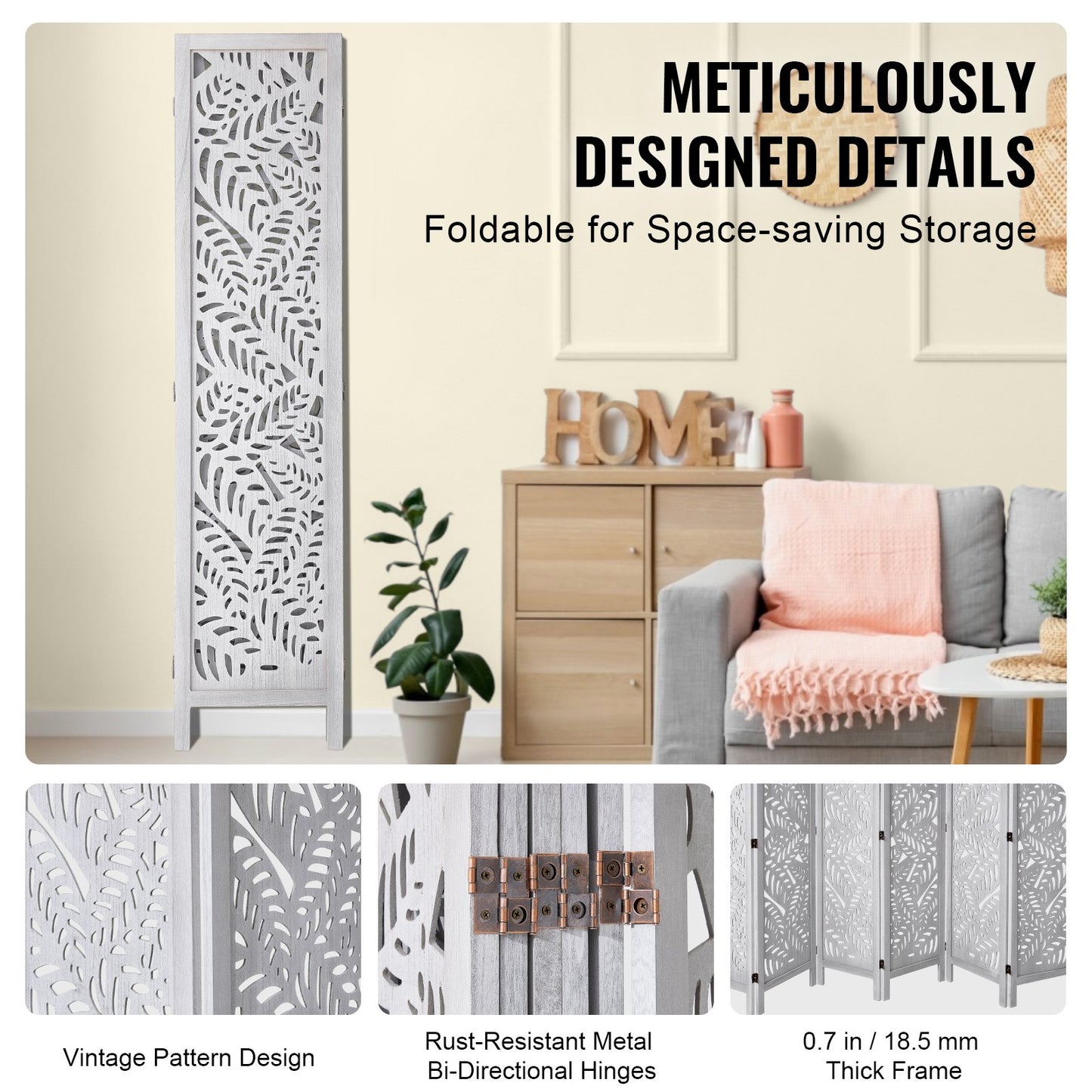Wood Room Divider, 6 Panel Wood Folding Privacy Screen, 66.9 Inches Tall Indoor Carved Partition Divider, Portable Decoration Screen, for Room Separation, Home, Office, Restaurant & Bedroom
