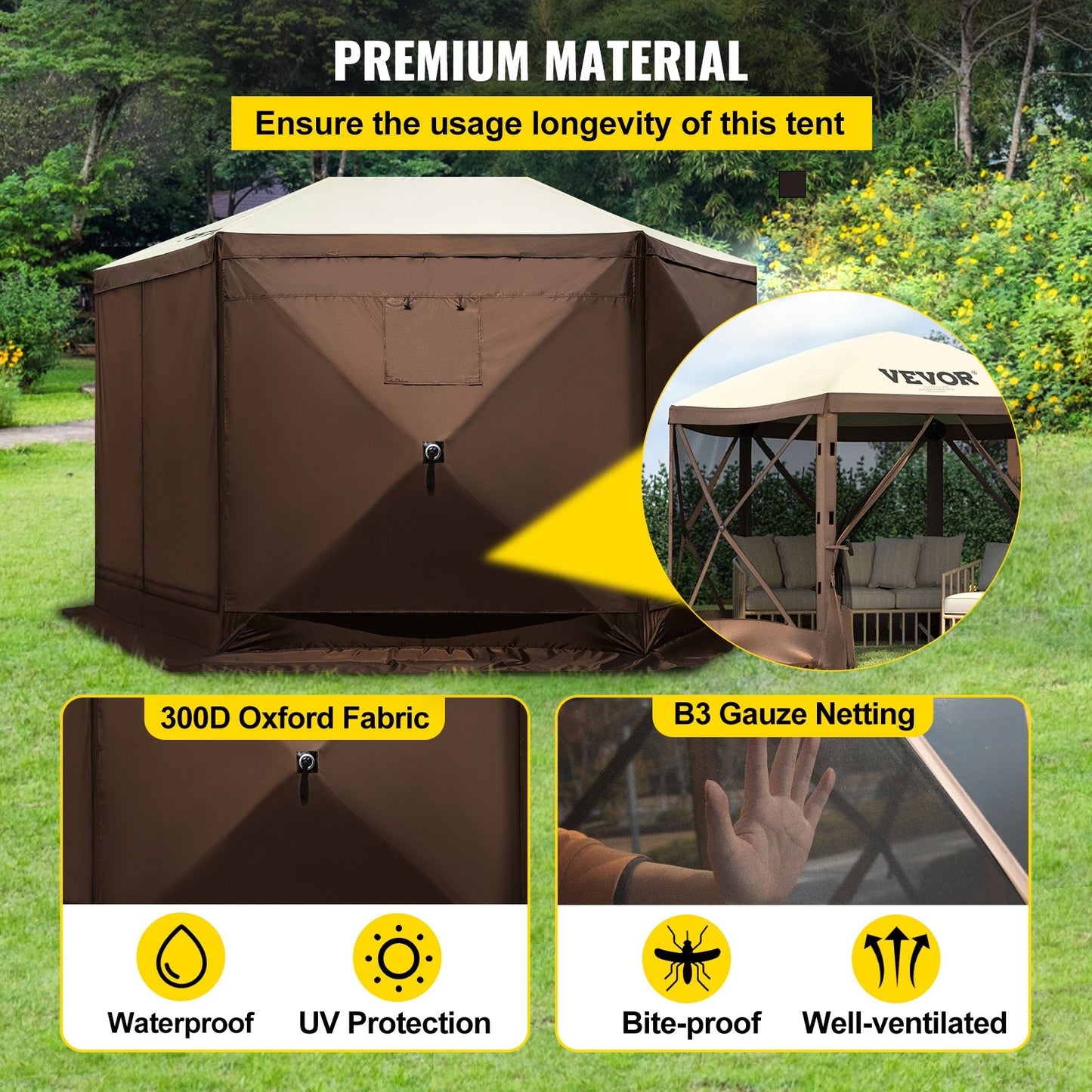 Paviljongtält, 12 x 12 fot, 6-sidigt uppfällbart campingtält med nätfönster, bärbar bärväska, markpinnar, stora skuggtält för utomhuscamping, gräsmatta och bakgård