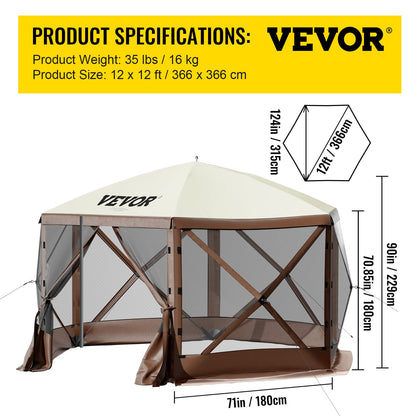 Paviljongtält, 12 x 12 fot, 6-sidigt uppfällbart campingtält med nätfönster, bärbar bärväska, markpinnar, stora skuggtält för utomhuscamping, gräsmatta och bakgård
