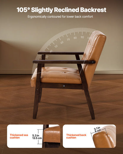 Accentfåtölj, Mid-Century Modern fåtölj med massivt träram och halkfria ben, stoppade fritidsfåtöljer med PU-läder och mjuk kudde, för vardagsrum, sovrum, arbetsrum, kontor och balkong