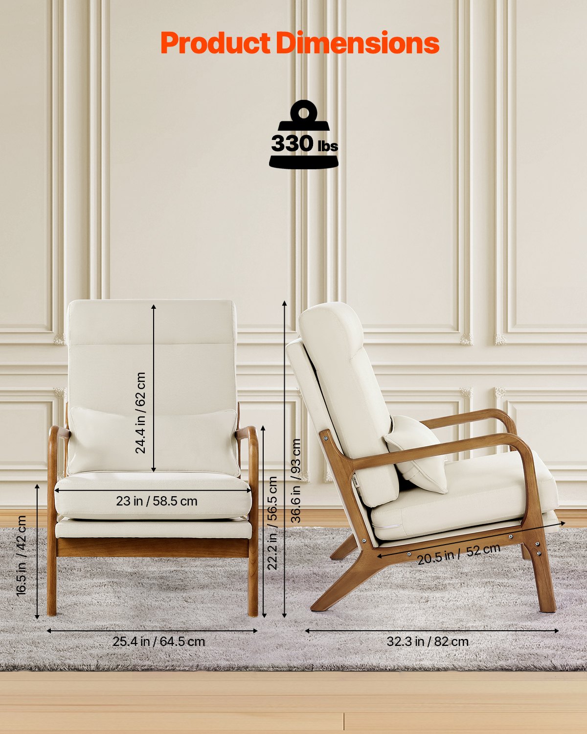 Accent Chair, High Back Mid Century Modern Armchair with Solid Wood Frame and Non-Slip Legs, Upholstered Leisure Chairs with Linen Fabric and 13.5 cm Thickened Cushion, for Living Room, Bedroom
