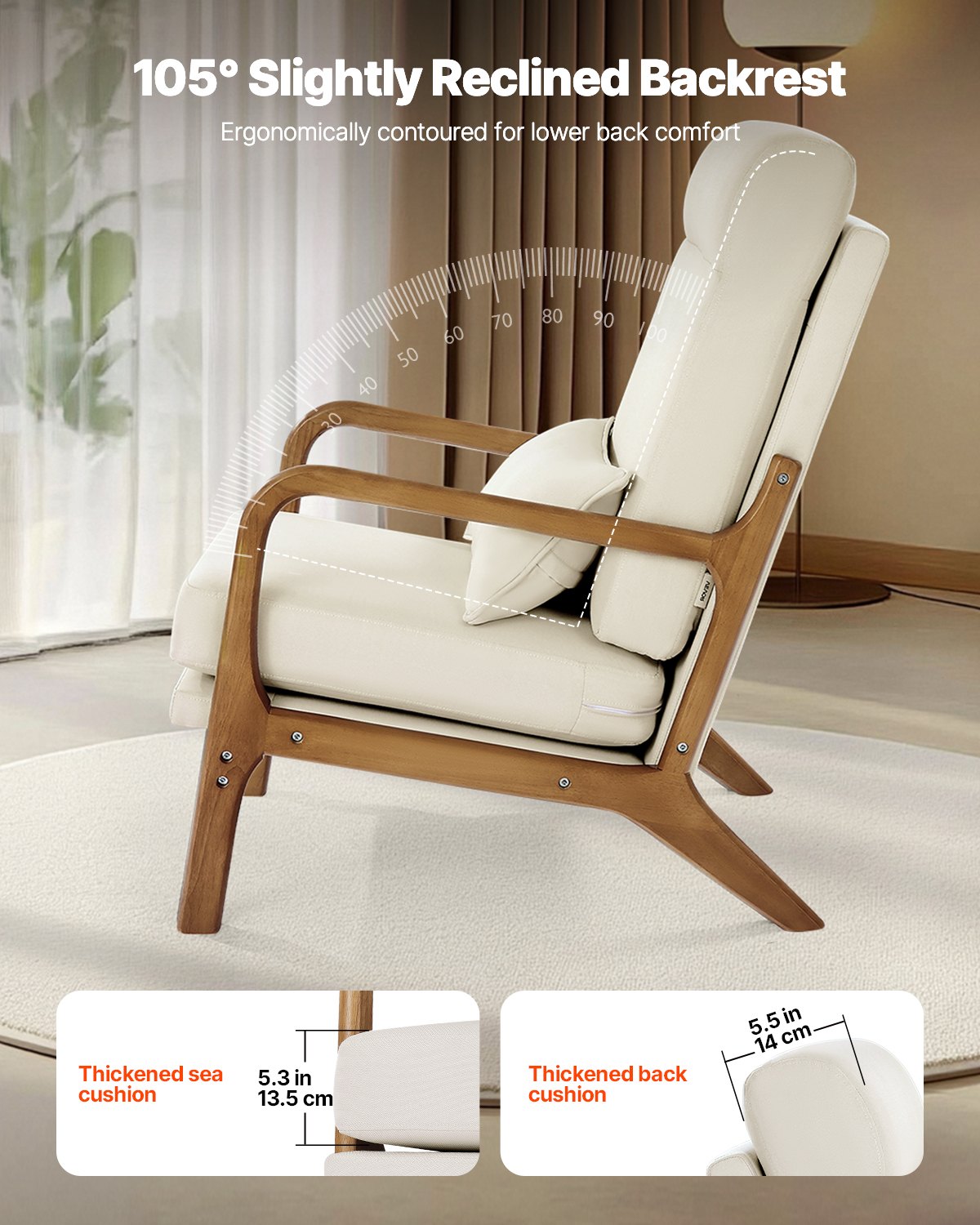 Accent Chair, High Back Mid Century Modern Armchair with Solid Wood Frame and Non-Slip Legs, Upholstered Leisure Chairs with Linen Fabric and 13.5 cm Thickened Cushion, for Living Room, Bedroom