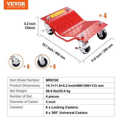 Hjulvagn, 8000 lbs kapacitet kraftig stålbilflyttare, hjulvagn bildäckspåke set med bromsar, fordonsflyttvagn flyttar bilar, lastbilar, släpvagnar, motorcyklar och båtar, set om 4, röd