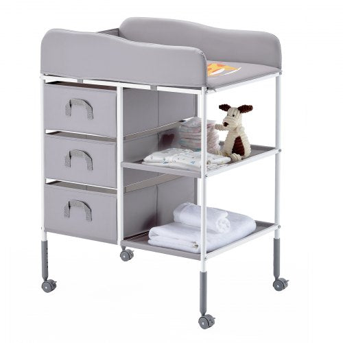 Skötbord, bärbar blöjbytesstation med 3 tyglådor och låsbara hjul, justerbar höjd multifunktionell skötbord med förvaringsorganisatör barnrum, grå