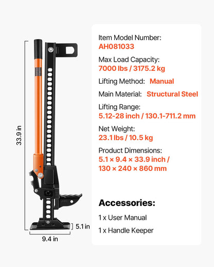 Jordbruksdomkraft, 86 cm höglyftande gårdsdomkraft, 3,18 tons kapacitet, spärrfunktion, terrängdomkrafter, kraftiga domkrafter med 130,1–711,2 mm lyftområde för traktor, lastbil, SUV