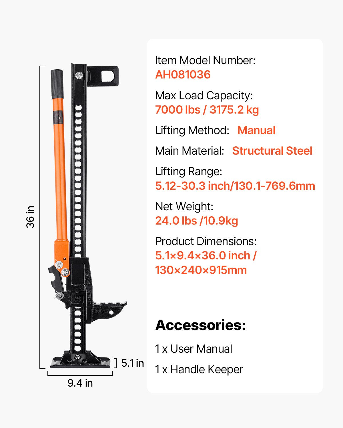 Farm Jack, 91.5 cm Utility High Lift Farm Jack, 3.18 Ton Capacity Ratcheting Off Road Utility Jacks, Heavy-Duty Lift Jacks with 130.1-769.6 mm Lifting Range for Tractor, Truck, SUV