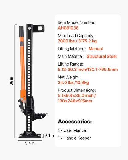 Farm Jack, 91.5 cm Utility High Lift Farm Jack, 3.18 Ton Capacity Ratcheting Off Road Utility Jacks, Heavy-Duty Lift Jacks with 130.1-769.6 mm Lifting Range for Tractor, Truck, SUV