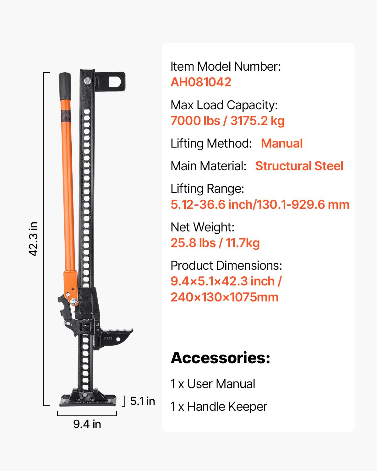 Farm Jack, 107.5 cm Utility High Lift Farm Jack, 3.18 Ton Capacity Ratcheting Off Road Utility Jacks, Heavy-Duty Lift Jacks with 130.1-929.6 mm Lifting Range for Tractor, Truck, SUV