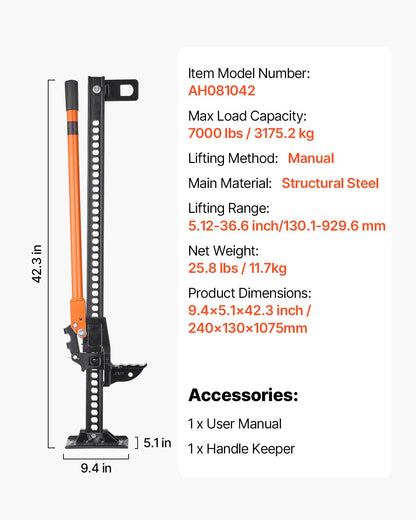 Farm Jack, 107.5 cm Utility High Lift Farm Jack, 3.18 Ton Capacity Ratcheting Off Road Utility Jacks, Heavy-Duty Lift Jacks with 130.1-929.6 mm Lifting Range for Tractor, Truck, SUV