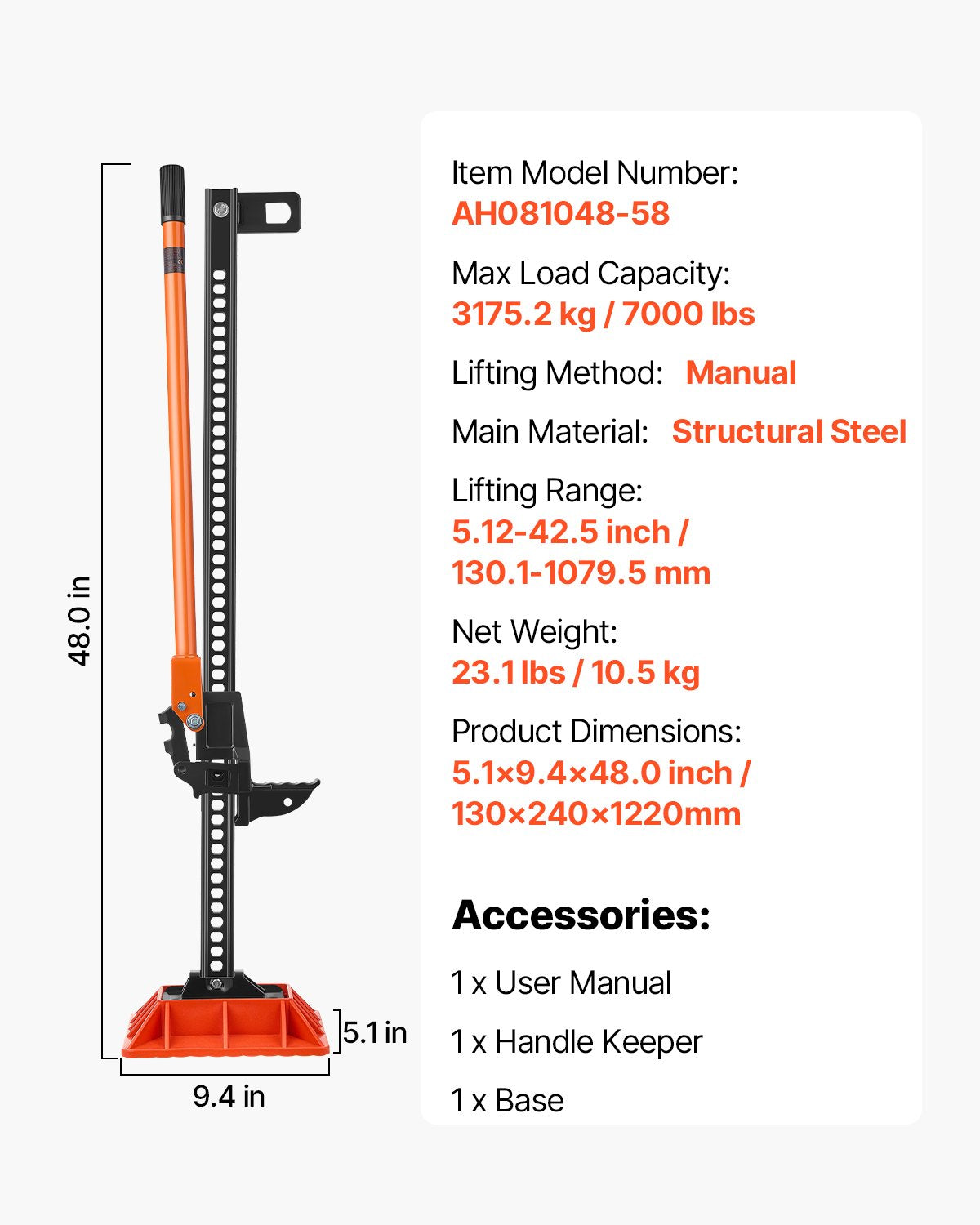 Jordbruksdomkraft med bas, 122 cm höglyftande gårdsdomkraft, 3,18 tons kapacitet, spärrfunktion, terrängdomkrafter, kraftiga domkrafter med 130,1–1079,5 mm lyftområde för traktor, lastbil, SUV