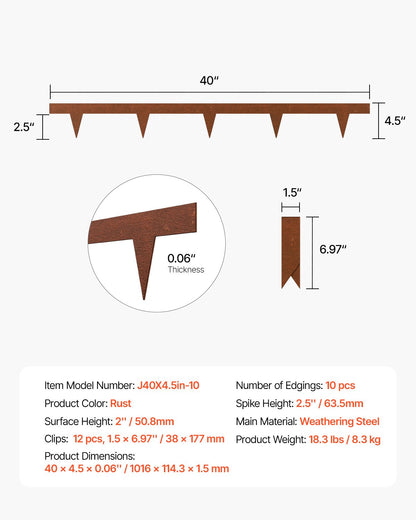 Stålkantlist, 10-pack 40 x 4,5 tum väderbeständig och rostfri metallkantlist, böjbar trädgårdskant, kraftig gräsmatta, rabattgångavdelare
