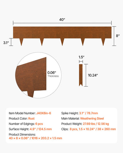 Stålkantlist, 6-pack 40 x 8 tum väderbeständig och rostfri metallkantlist, böjbar trädgårdskant, hajspik, gräsmattakant för rabatt, gångvägsavdelare