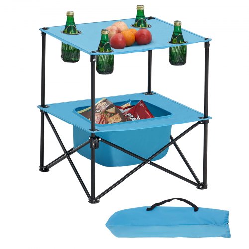 Hopfällbart campingbord, bärbart och lätt picknickbord för utomhusbruk, vattentätt kanvasbord i 600D Oxford-tyg, med 4 mugghållare, bärväska, för tailgating-campingpicknick, blå