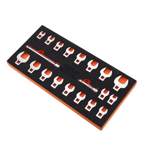 Crowfoot-nyckelsats, 3/8"-fäste, 20-delars Crows Foot-nyckelsats med 2 förlängningsstänger och EVA-verktygshållare, SAE 3/8"-7/8" och metrisk 10-22 mm, 40CR-material med spegelblank kromfinish