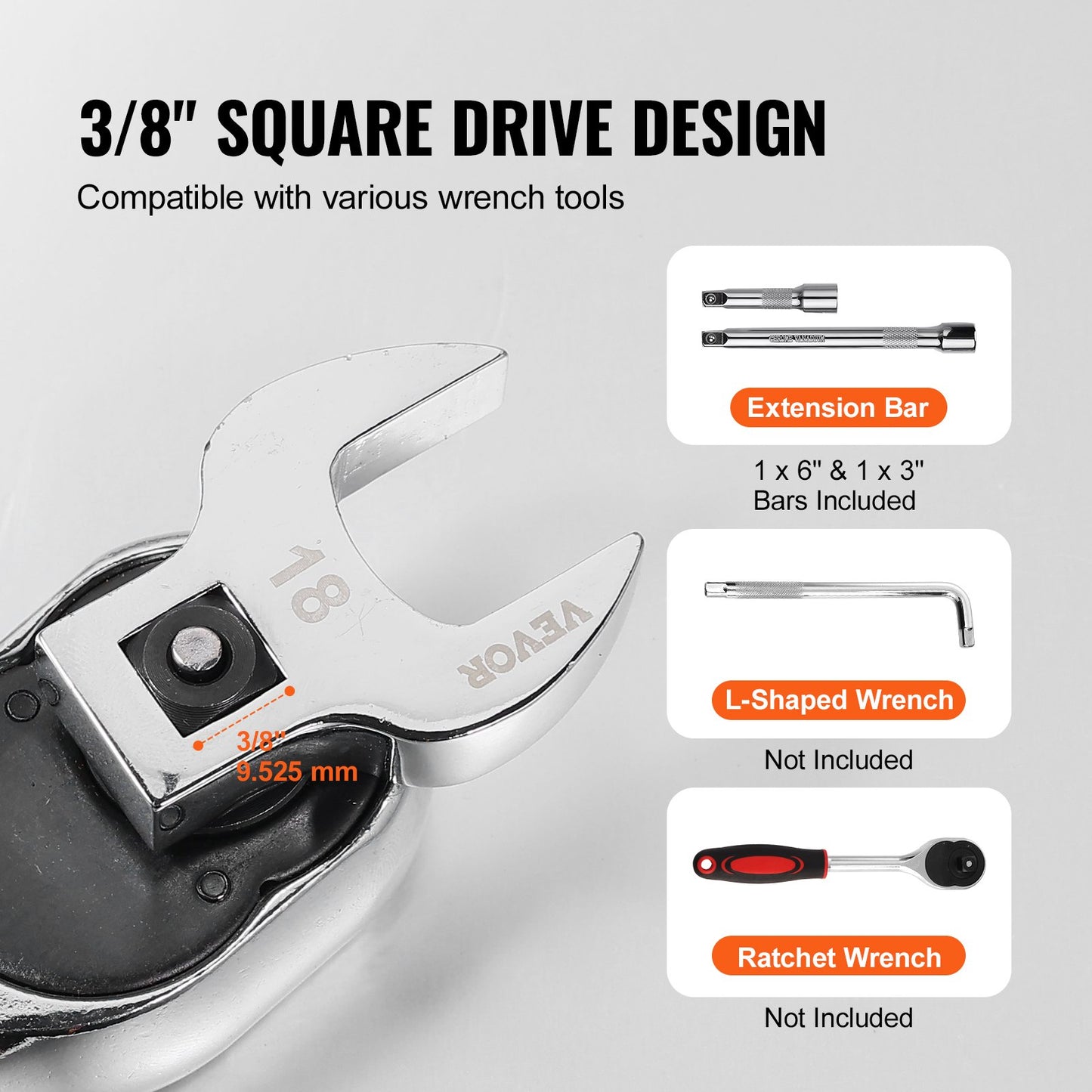 Crowfoot-nyckelsats, 3/8"-fäste, 20-delars Crows Foot-nyckelsats med 2 förlängningsstänger och EVA-verktygshållare, SAE 3/8"-7/8" och metrisk 10-22 mm, 40CR-material med spegelblank kromfinish