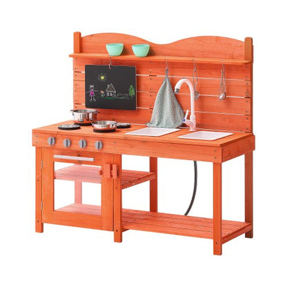 Lerkök för barn, träleksaksset, utomhusleksak för småbarn, mataffär för pojkar och flickor, låtsaslekkök med spisar, handfat, kran, svarta tavlan, kokkärl, kastruller, tillbehör