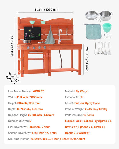 Lerkök för barn, träleksaksset, utomhusleksak för småbarn, mataffär för pojkar och flickor, låtsaslekkök med spisar, handfat, kran, svarta tavlan, kokkärl, kastruller, tillbehör