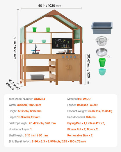 Lerkök för barn, träleksaksset med tillbehör, utomhuslekset för småbarn, mataffär, låtsaslekskök med spisar, blomlådor, handfat, kran, svart tavla, kokkärl och kastrull