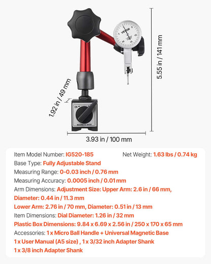 Mätklocka med universalmagnetisk bas och förvaringsfodral, 0,01 mm noggrannhet, 0–0,76 mm område, mikrokulhandtag för mätning av smala ytor, industriell bearbetning och inspektion