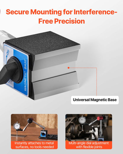 Mätklocka med magnetisk, flexibel bas, 0,03 mm noggrannhet, 0–25,4 mm område, finjusterbar lång arm, professionell för maskinuppsättning, mätning av smala områden, lätt att läsa av