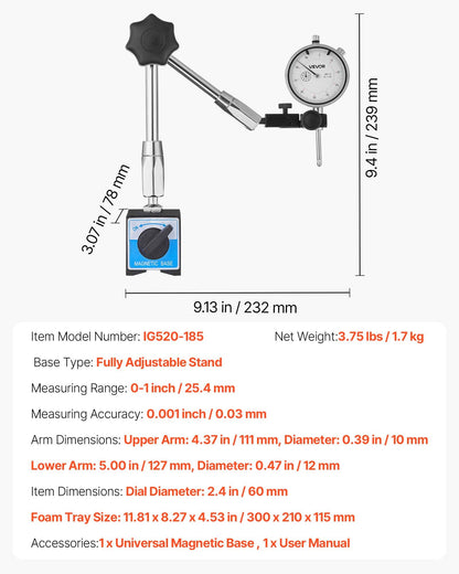 Mätklocka med magnetisk, flexibel bas, 0,03 mm noggrannhet, 0–25,4 mm område, finjusterbar lång arm, professionell för maskinuppsättning, mätning av smala områden, lätt att läsa av