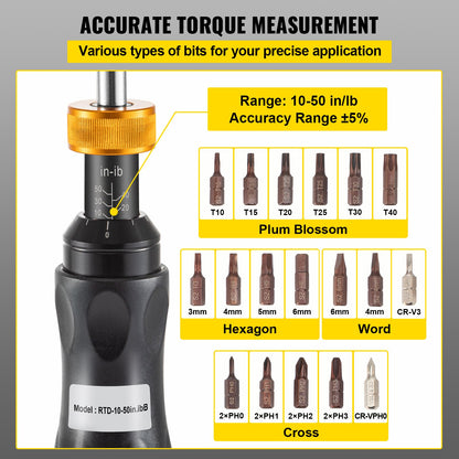 1/4" momentskruvmejselsats, momentjusteringsområde 10-50 in-lbs, momentområde noggrant till ±5%, momentskruvmejsel stegvis med 5 in-lb, 18 bits och fodral