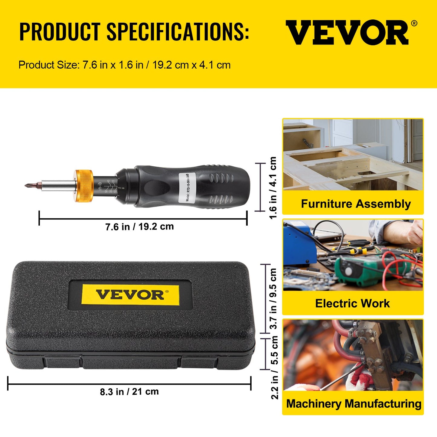 1/4" momentskruvmejselsats, momentjusteringsområde 10-50 in-lbs, momentområde noggrant till ±5%, momentskruvmejsel stegvis med 5 in-lb, 18 bits och fodral