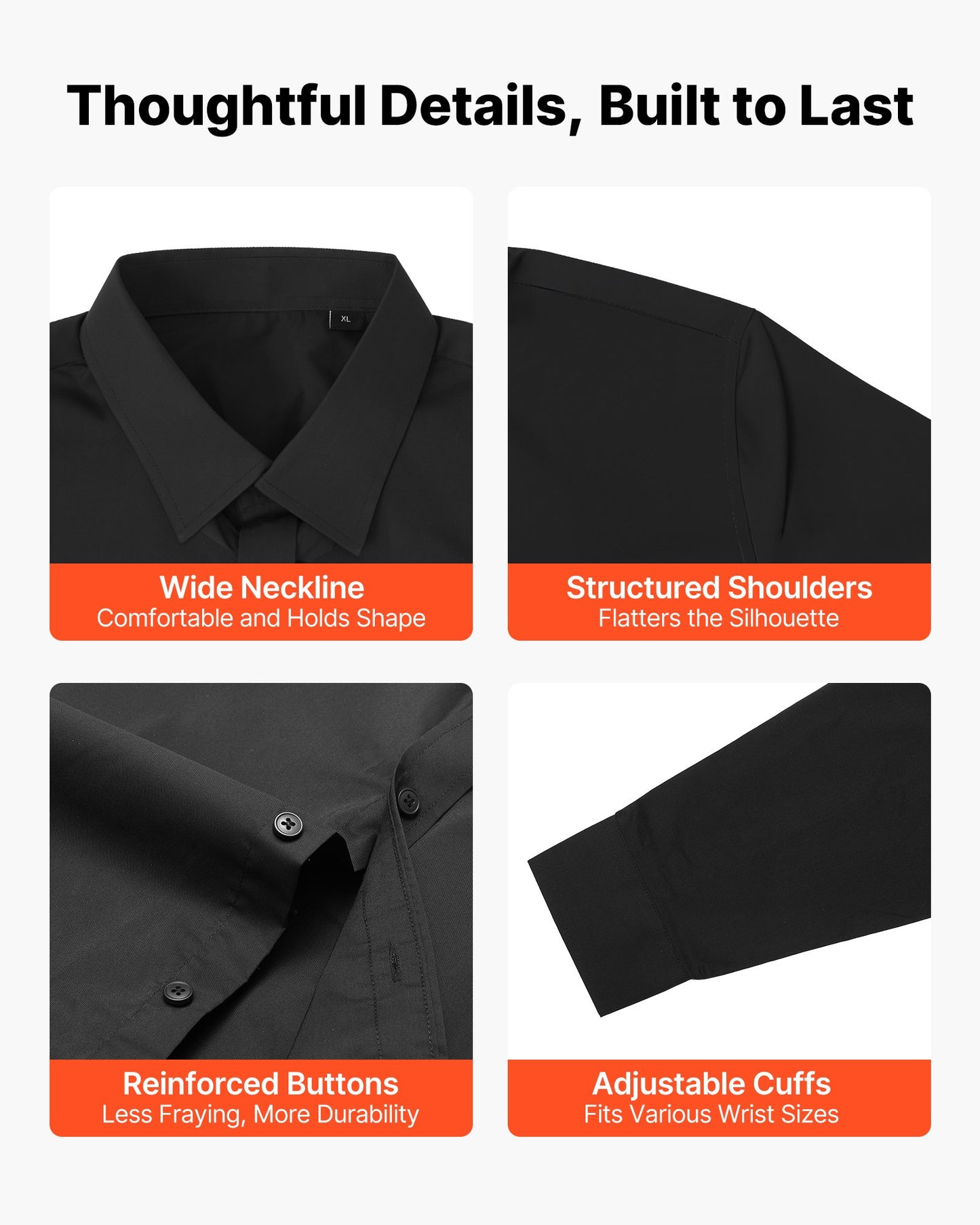 Herrskjorta med knappar, långärmad skrynkelfri herrskjorta med knappar, slim fit i mjukt stretchtyg för business casual eller formellt, arbete, bröllop, middag, svart