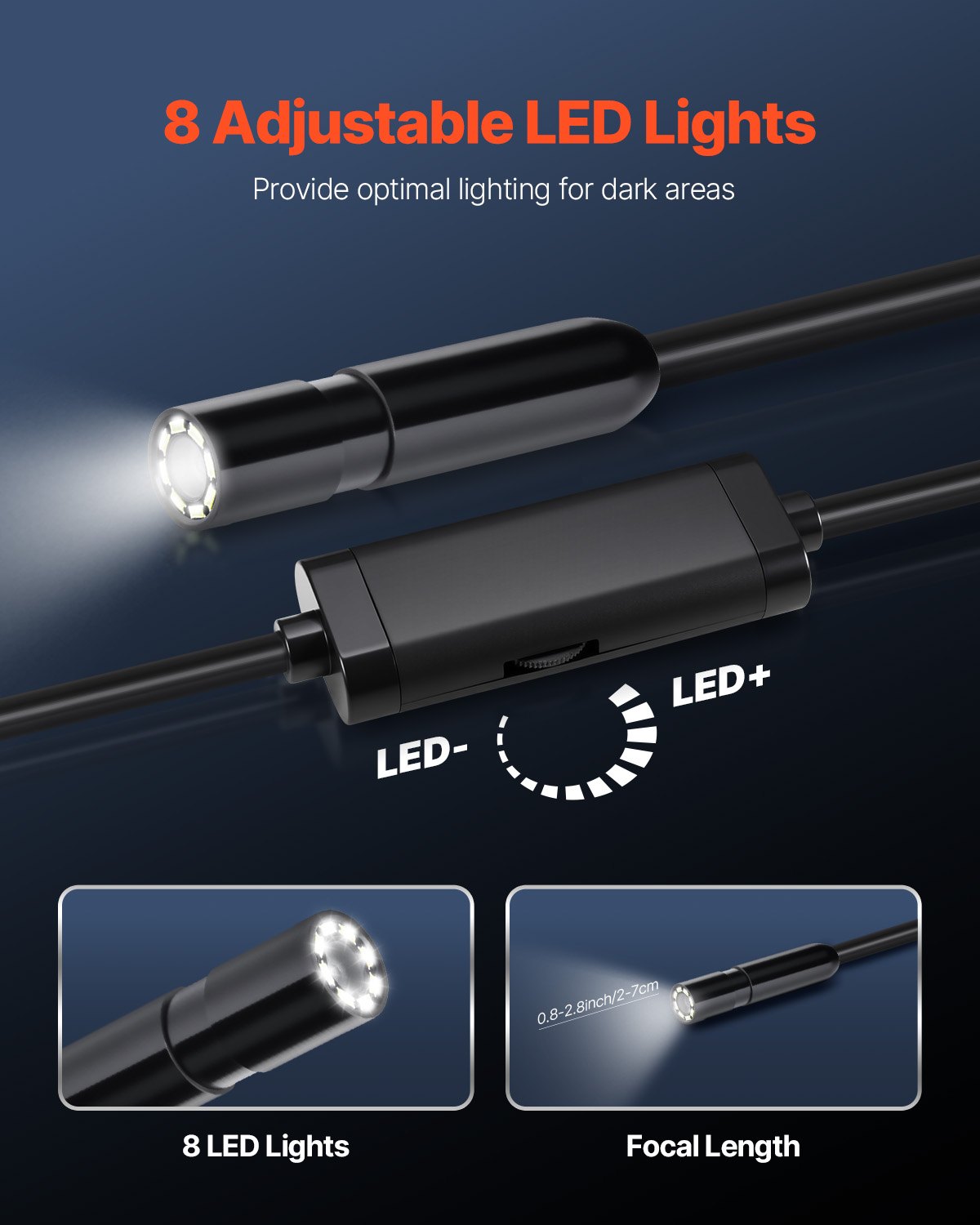 Endoskopkamera med 15m halvstyv kabel, 1920P HD-boroskop för Android och iOS, industriell inspektionskamera med ljus - 8 LED-lampor, 2X zoom, IP67 vattentät ormkamera för bil, VVS