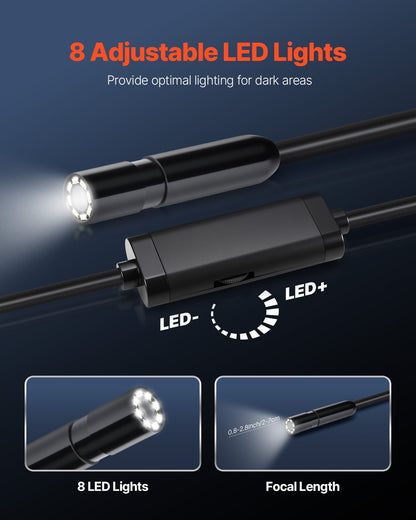 Endoskopkamera med 15m halvstyv kabel, 1920P HD-boroskop för Android och iOS, industriell inspektionskamera med ljus - 8 LED-lampor, 2X zoom, IP67 vattentät ormkamera för bil, VVS