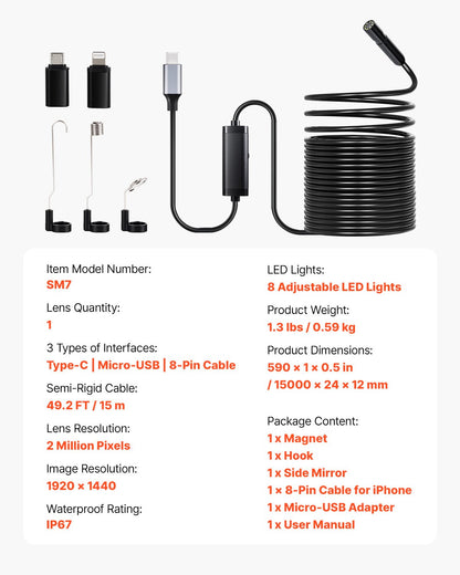 Endoskopkamera med 15m halvstyv kabel, 1920P HD-boroskop för Android och iOS, industriell inspektionskamera med ljus - 8 LED-lampor, 2X zoom, IP67 vattentät ormkamera för bil, VVS