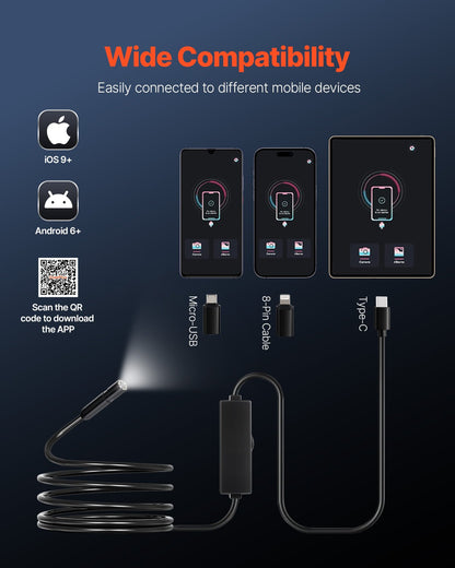 Endoskopkamera med ljus, 1920P HD-boroskop för Android och iOS, inspektionskamera med 8 LED-lampor och 3 m halvstyv kabel, 2X zoom, IP67 vattentäta ormkameror för bil, VVS