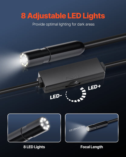 Endoskopkamera med ljus, 1920P HD-boroskop för Android och iOS, inspektionskamera med 8 LED-lampor och 3 m halvstyv kabel, 2X zoom, IP67 vattentäta ormkameror för bil, VVS